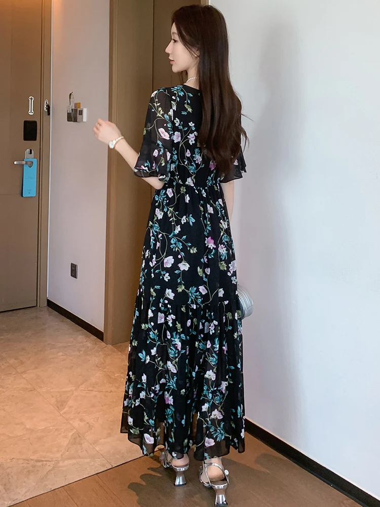 plus Size Women's Dr Slimming Floral Chiffon Summer New Long Skirt V-Ne ort Sve Belly Cover Commute Sle Polyester...