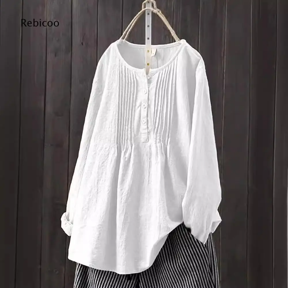 Round Neck Half Placket Blouse For Women Long Sleeve Front Pleat Decoration Loose Cut For Commute And Leisure Daily Occasions