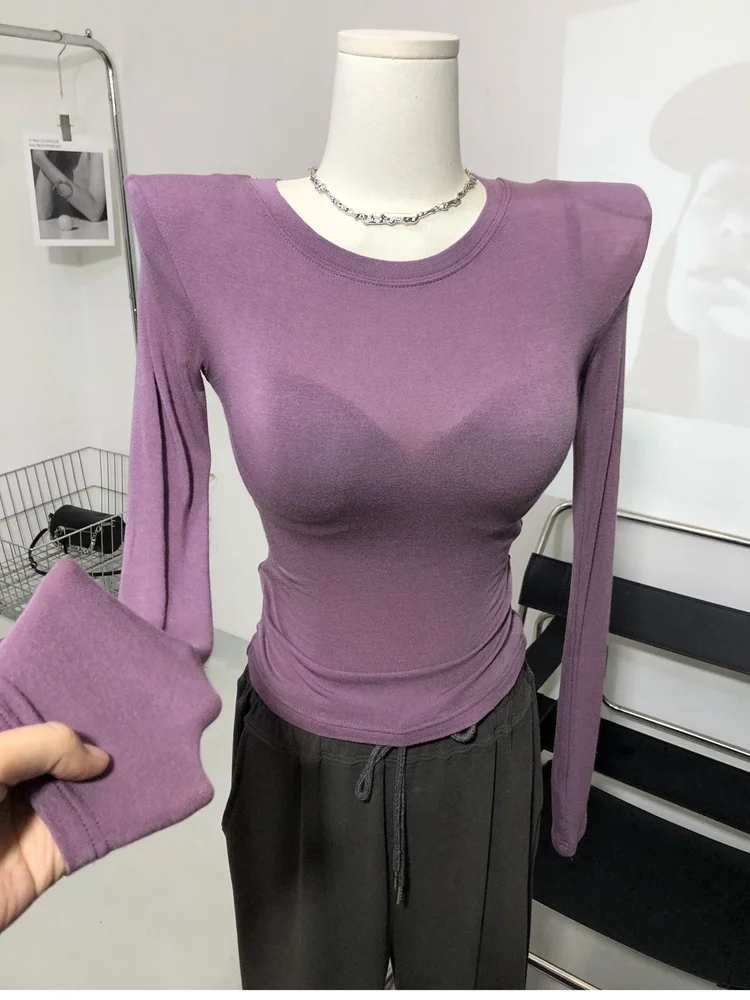 Slim Fit Shoulder Padded Long Sleeve Lightweight See through T Shirt Spring Summer New Style Women's Fashion Casual round Nec...