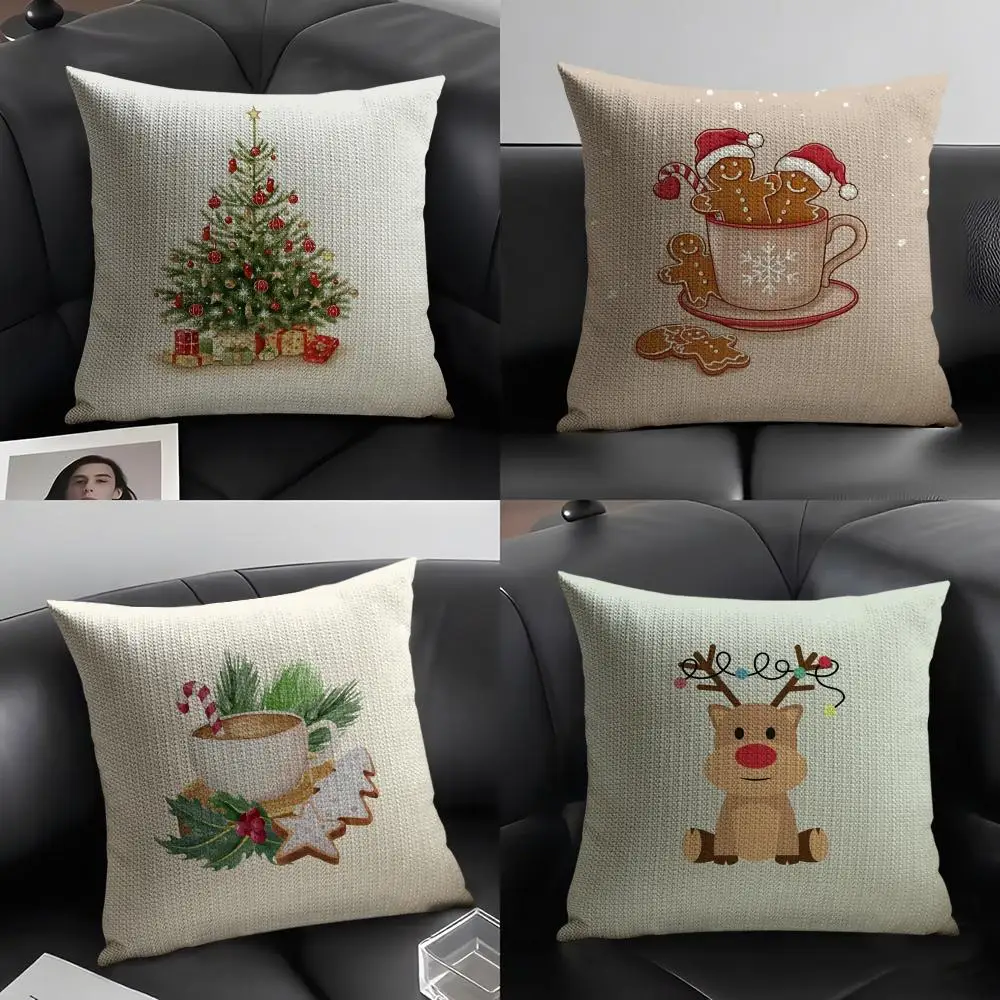Christmas Santa and Deer Pillow Case Natural Linen Organic Fabric Double-Sided Printing Sofa Home Decor Gift Cushion Cover