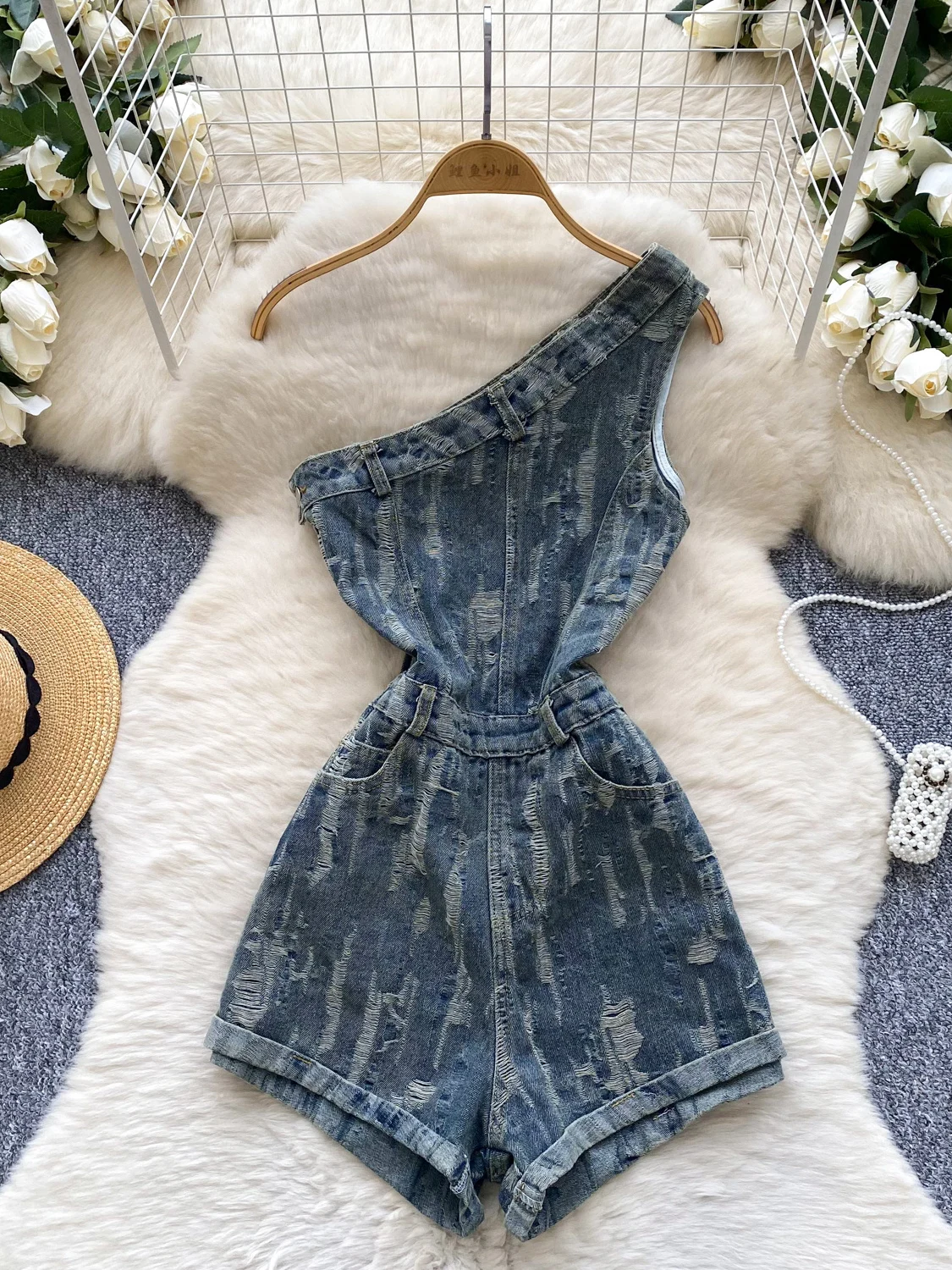 

Джинсовый комбинезон в стиле ретро Spicy Girl Sle Distred Slim Fit, женские летние брюки с высокой талией, модный комбинезон с прямыми штанинами
