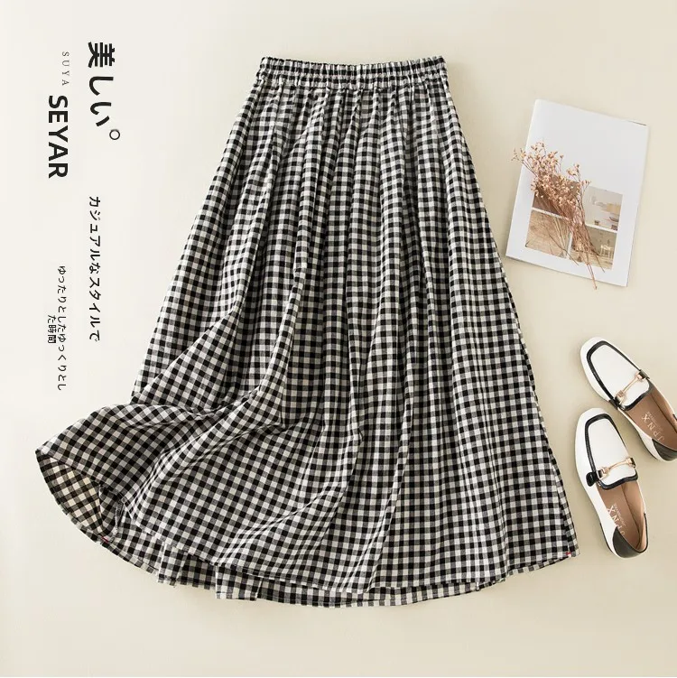 Slimming High Waist A-Line Midi Skirt Black White Checkered Cotton Linen Floor Length Bell Bottoms Japanese Style Half-length...