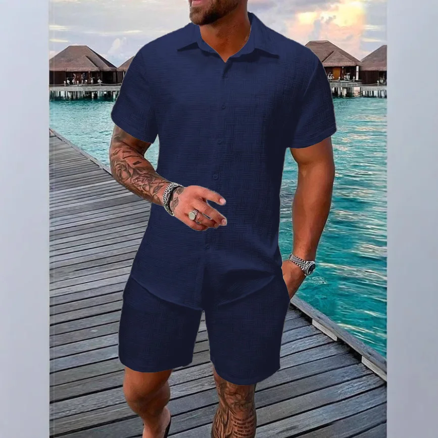 2025 summer jacquard check texture solid color suit short sleeve men's fashion comfortable holiday beach style shirt shorts two-