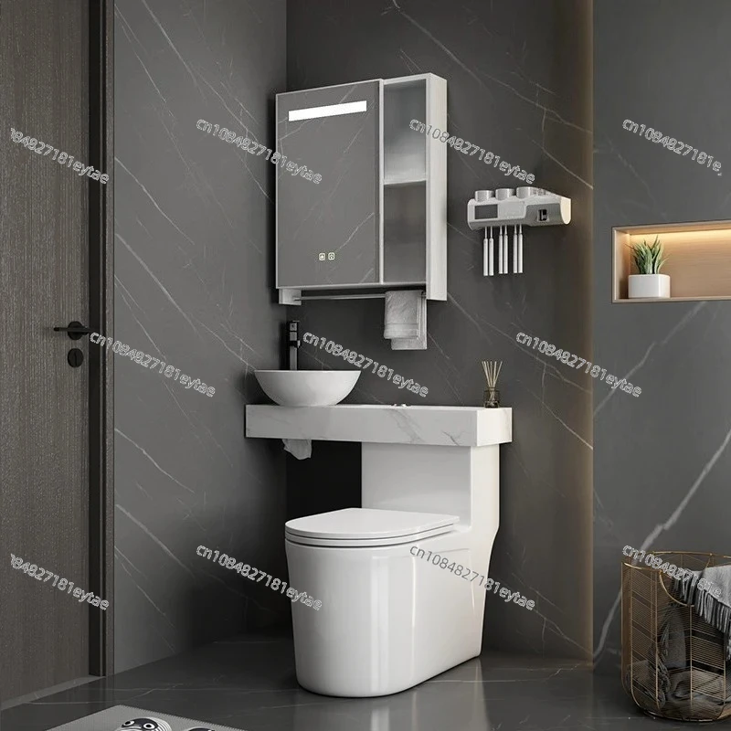 Small apartment toilet with wash basin integrated two-in-one combination rock slab countertop bathroom