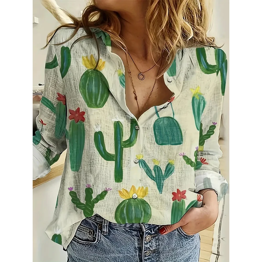 Women\'s New Trendy Single-Breasted Shirts Cactus And Succulent Print Casual Basic Tops Spring And Summer Beach Style Clothing