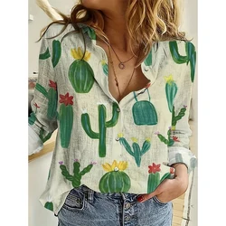 Women's New Trendy Single-Breasted Shirts Cactus And Succulent Print Casual Basic Tops Spring And Summer Beach Style Clothing