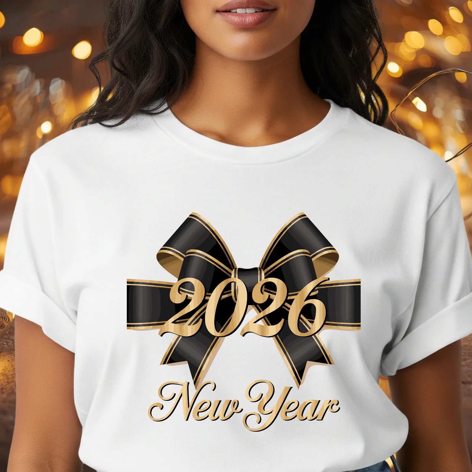 Frohes neues Jahr 2026 T-Shirt Schwarzgold Schleife Silvester Elegantes Festtags-T-Shirt