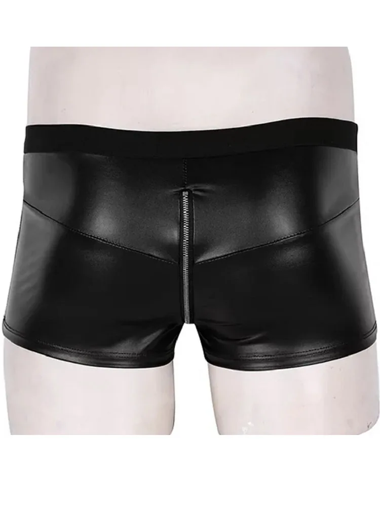 S-5XL Faux PU Leather Boxershorts Zipper Open Crotch Shorts Mens Boxer Briefs Tights Convex Pouch Calzoncillo Underwear Trunks