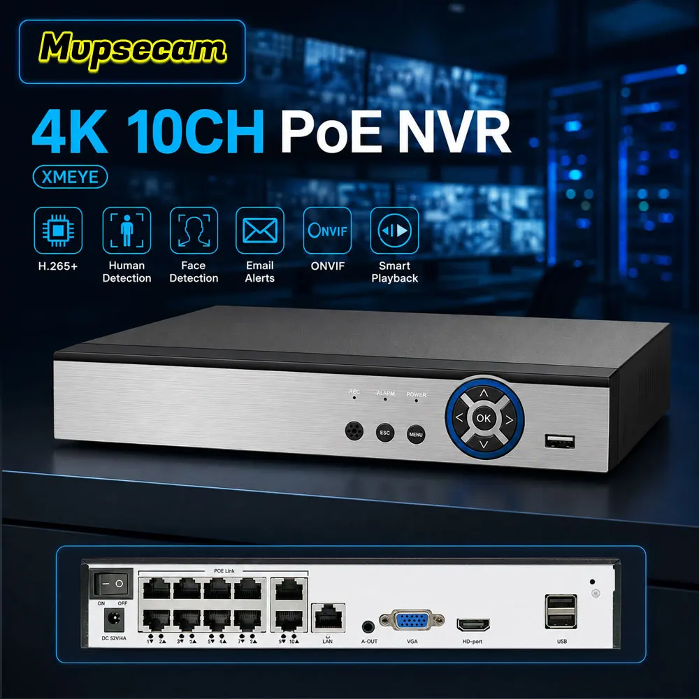 4K H.265 8CH 10CH POE NVR for IP Security Surveillance Camera XMEYE Face Detection 8MP 8 Channels Network Video Recorder 4CH