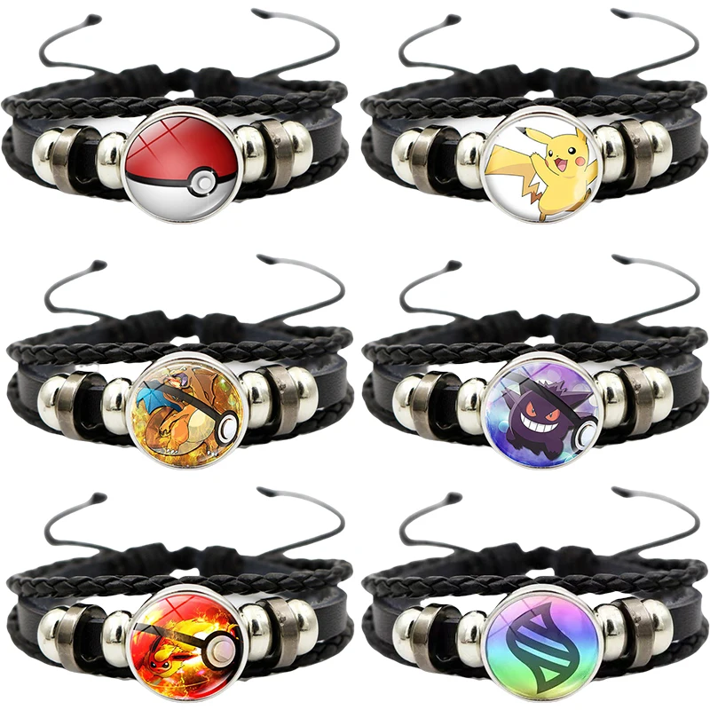 Pokemon Pikachu Anime Snap Weave Leather Bracelet Glass Cabochon Adjustable Bangle Jewelry Woven Bracelet for Women Kids Gift