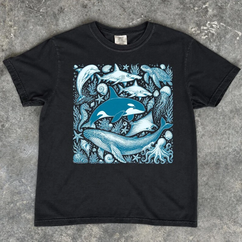 Comfort Colors Sea Animals T-Shirt, Retro Marine Biology Ocean Life Tee  vintage graphic t shirts women t shirt