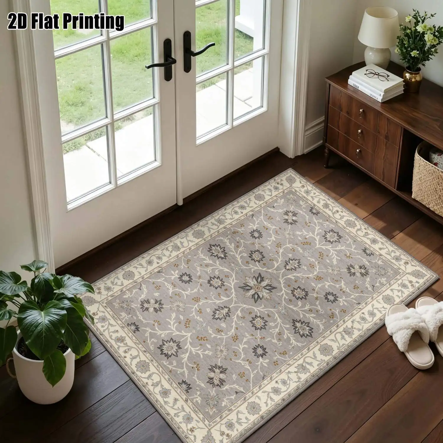 1Pc 2D Printed Light Gray-Blue Floral Pattern Carpet: European, Modern Minimalist, Vintage, Geometric Styles Multi-Size, Machine-Washable Home Decor for Entrance, Dining Room, Foyer, Bedroom, Living Room.