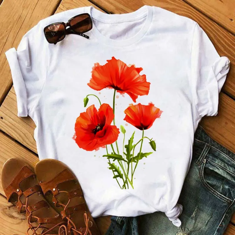 

Kawaii Red Poppy Women T Shirt Casual Funny Tshirts Woman Clothes Tees Tops Hipster Tumblr Female Harajuku Short Sleeves Shirts