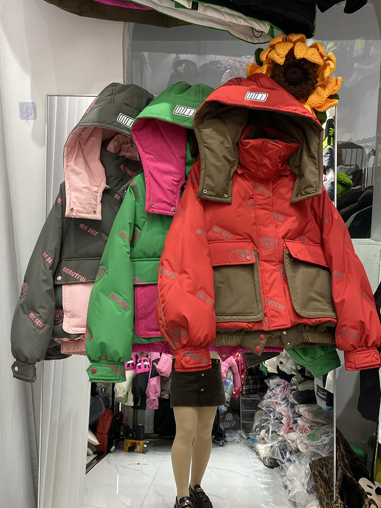 

Winter Short Patchwork Hooded Down Jacket Female Thick Quilted Parka Outwears Coat Women Big Pocket White Duck Down Warm Jackets