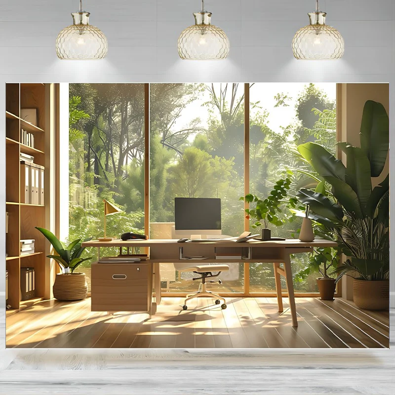 Office Background Video Conference Modern Cozy Home Office Space Work Place Backdrop Sunlight Tranquil Work Photographic Banner