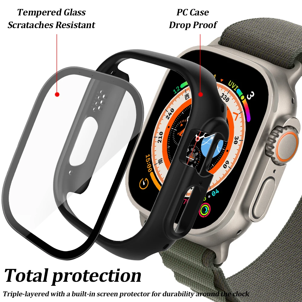 Glass+Case for Apple Watch Series 8Ultra 49mm Protection Cover Smartwatch Tempered Screen Protector PC Bumper iwatch 8 41mm 45mm