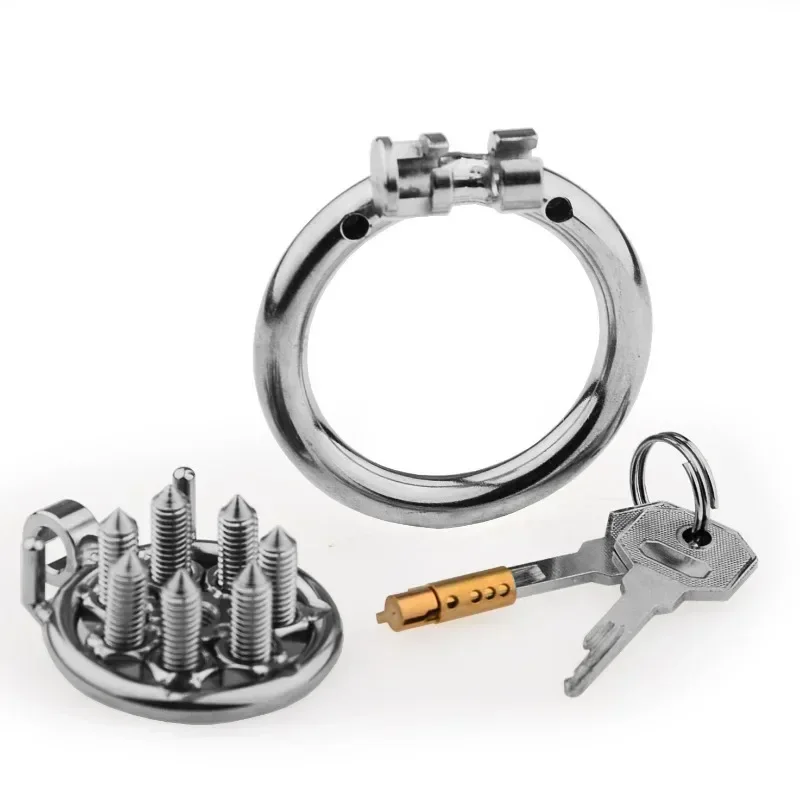 Male Chastity Device Flat Metal Chastity Lock with Spikes Cock Cage Urethra Catheter Penis Ring Bondage Sex Toys For Men Gay