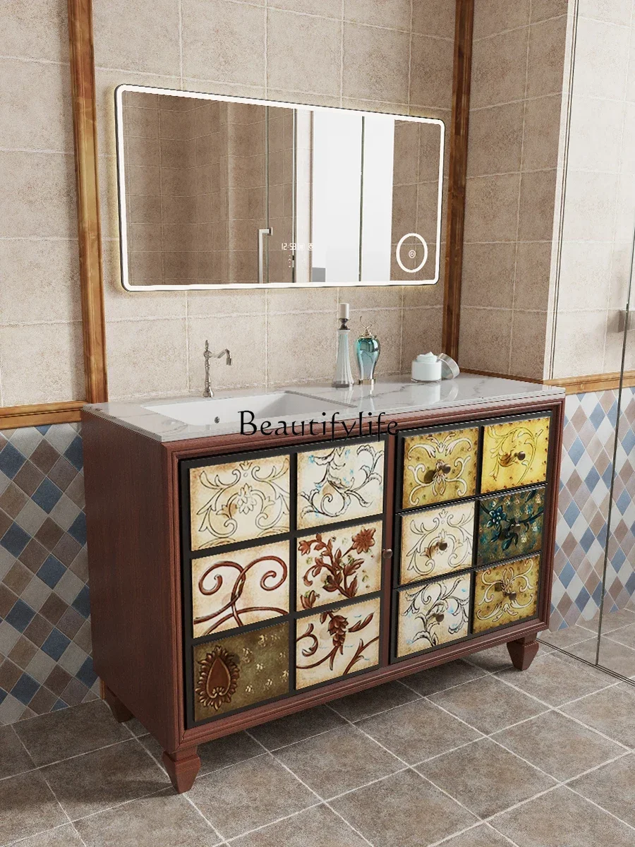 American Bathroom Cabinet Mild Luxury Retro Bathroom Oak Wash Basin Cabinet Integrated Villa Floor