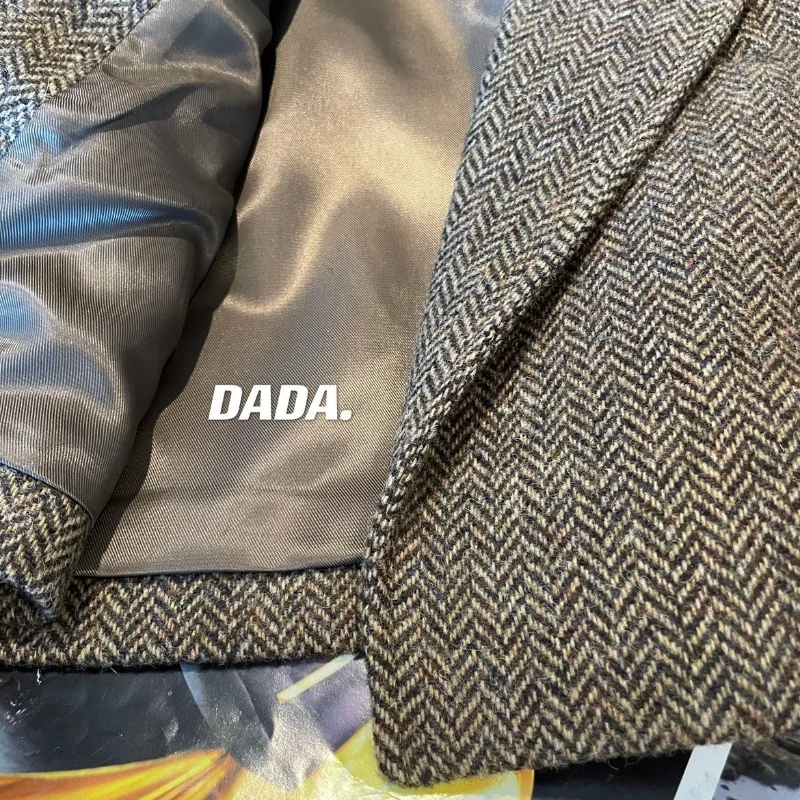 2025 Nieuwe herfst visgraat bruine tweed retro wollen korte jas damespak top met negenkwart mouwen