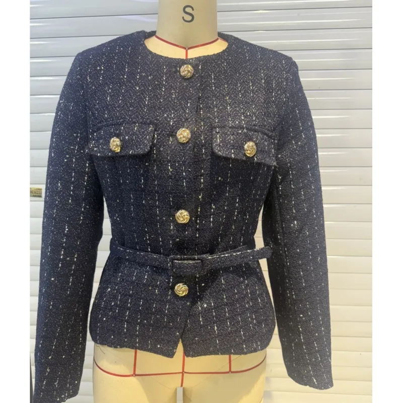 

Женское шерстяное пальто, осенняя куртка с длинными рукавами и круглым вырезом, однобортное украшение с поясом, женский топ, повседневные модные женские пальто