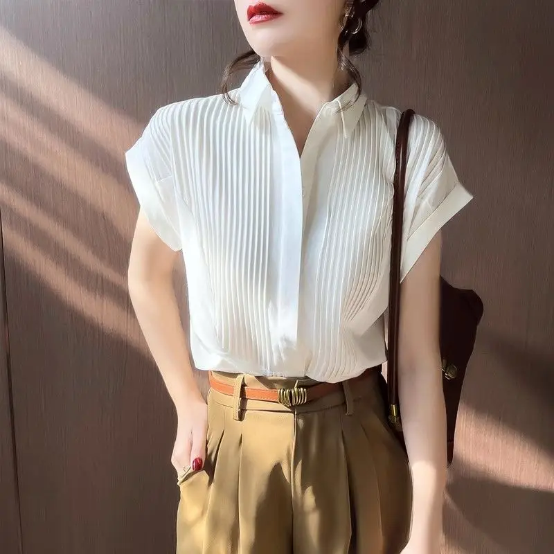 Summer Solid Color Pleated Shirt Commute Single-breasted Female Clothing Turn-down Collar Korean Loose Spliced All-match Blouse