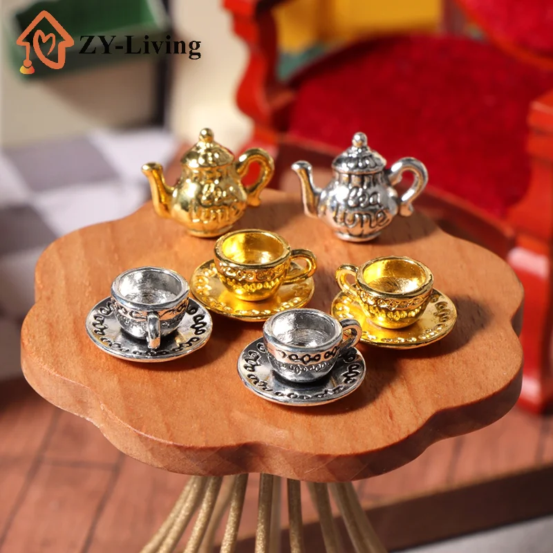 1Set 1:12 Dollhouse Miniature Metal Teapot Cup With Saucer Mini Tea Set Kitchen Tableware Decor Toy Model Doll House Accessories