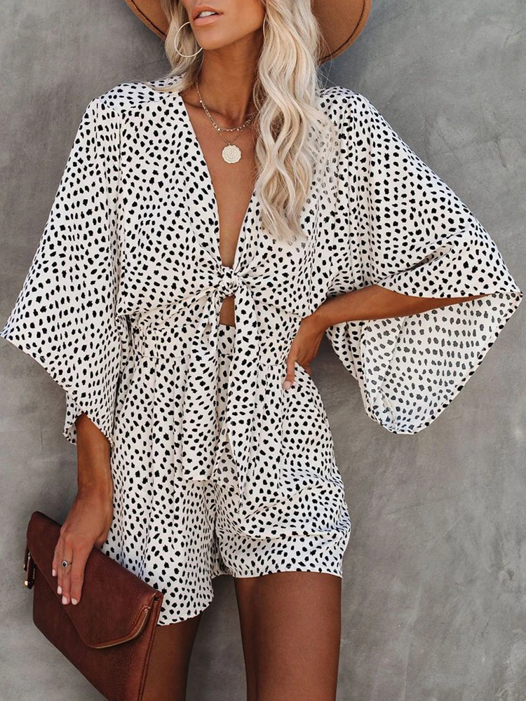 

Foridol Leopard Print Bowknot Wide Leg Romper Overalls 2022 Casual Loose Summer V Neck Playsuits Short Jumpsuits Pockets