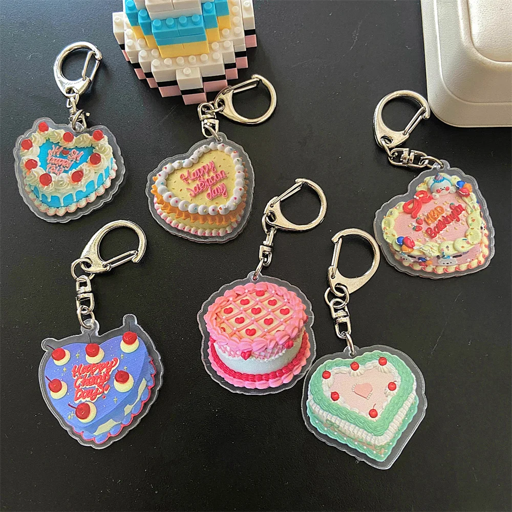 Vintage Colored Birthday Cake Key Buckle Acrylic Cartoon Backpack Ornaments  Airpods Decorative Pendant Car Keychain Toy Gift