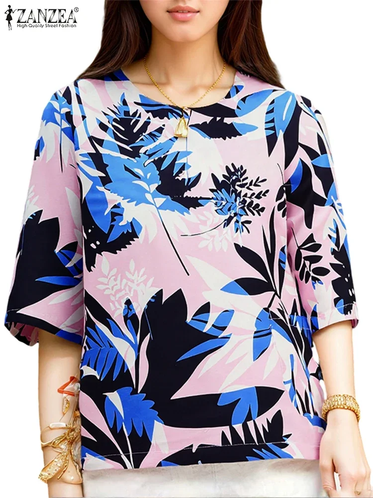 

ZANZEA винтажные женские рубашки, блузка с цветочным принтом, осенняя туника, топы, мода 2025, мода, рукав 3/4, с круглым вырезом, повседневная одежда больших размеров