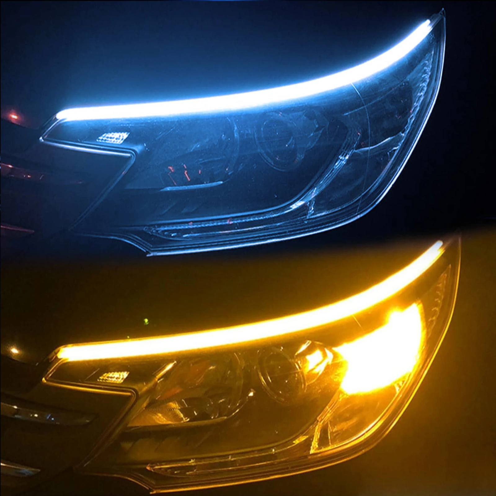 

2x 60CM Flexible Car DRL LED Strip Daytime Running Light Sequential Guide Turning Signal Light Headlight Waterproof Blue &Yellow