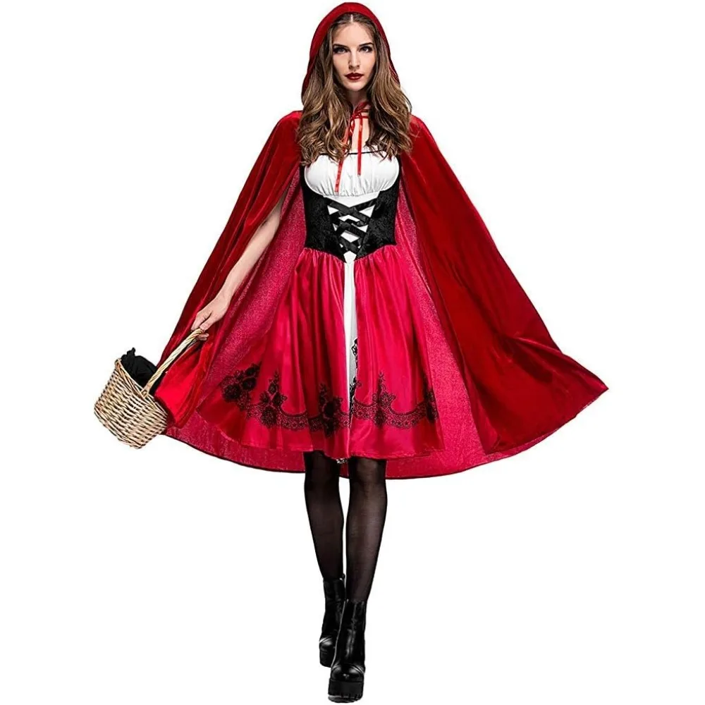 

Women Little Red Riding Hood Costume Christmas Halloween Party Dress with Cape, Halloween Christmas Novelty Decoration