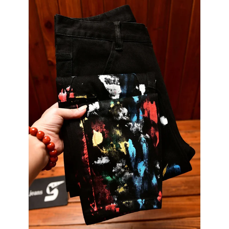 High end black jeans men, retro trend, paint print,, small feet, cool autumn street style, elastic pants
