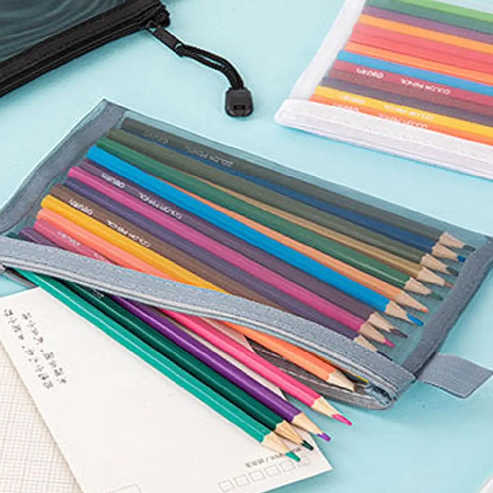 Nylon Transparent Zipper Pencil Case Solid Color Makeup Pouch Clear Stationery Bag Zipper Travel Case Mesh Cosmetic Storage Bag