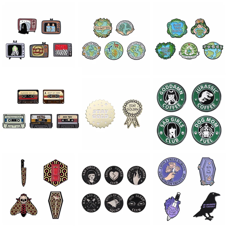 Green Set Protecting The Environment Enamel Brooch Classic Gothic Film TV Collection Alloy Badge Dagger Heart Ghost Earth Pin