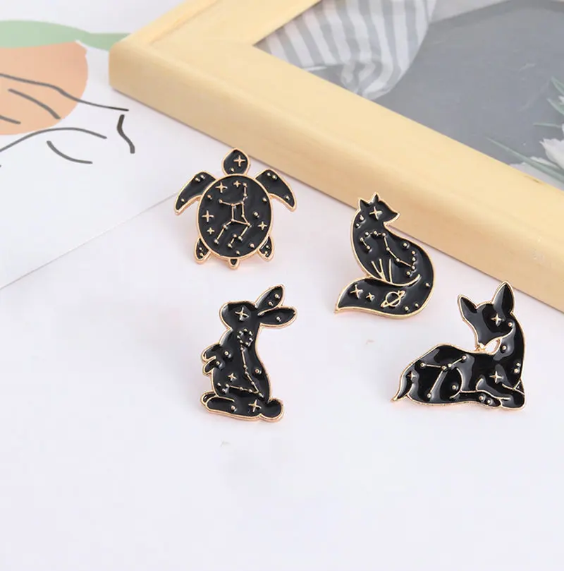 Black Constellation Animal Enamel Pins Rabbit Fox Turtle Deer Bag Brooch Lapel Badge Cartoon Jewelry Gift for Kids Friends