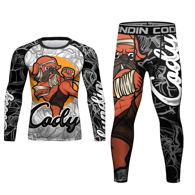 Nowy MMA boks Rashguard t-shirty + spodnie garnitur mężczyźni Jiu Jitsu wysypka straży BJJ boks koszulki spodenki Muay Thai MMA koszulka kompresyjna