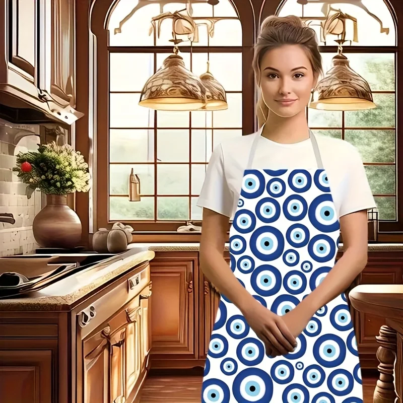 Evil Eye Protection Apron Turkish Greek Kitchen Cooking Baking Chef Linen Cotton Pinafore With Pockets For Home Restaurant Decor