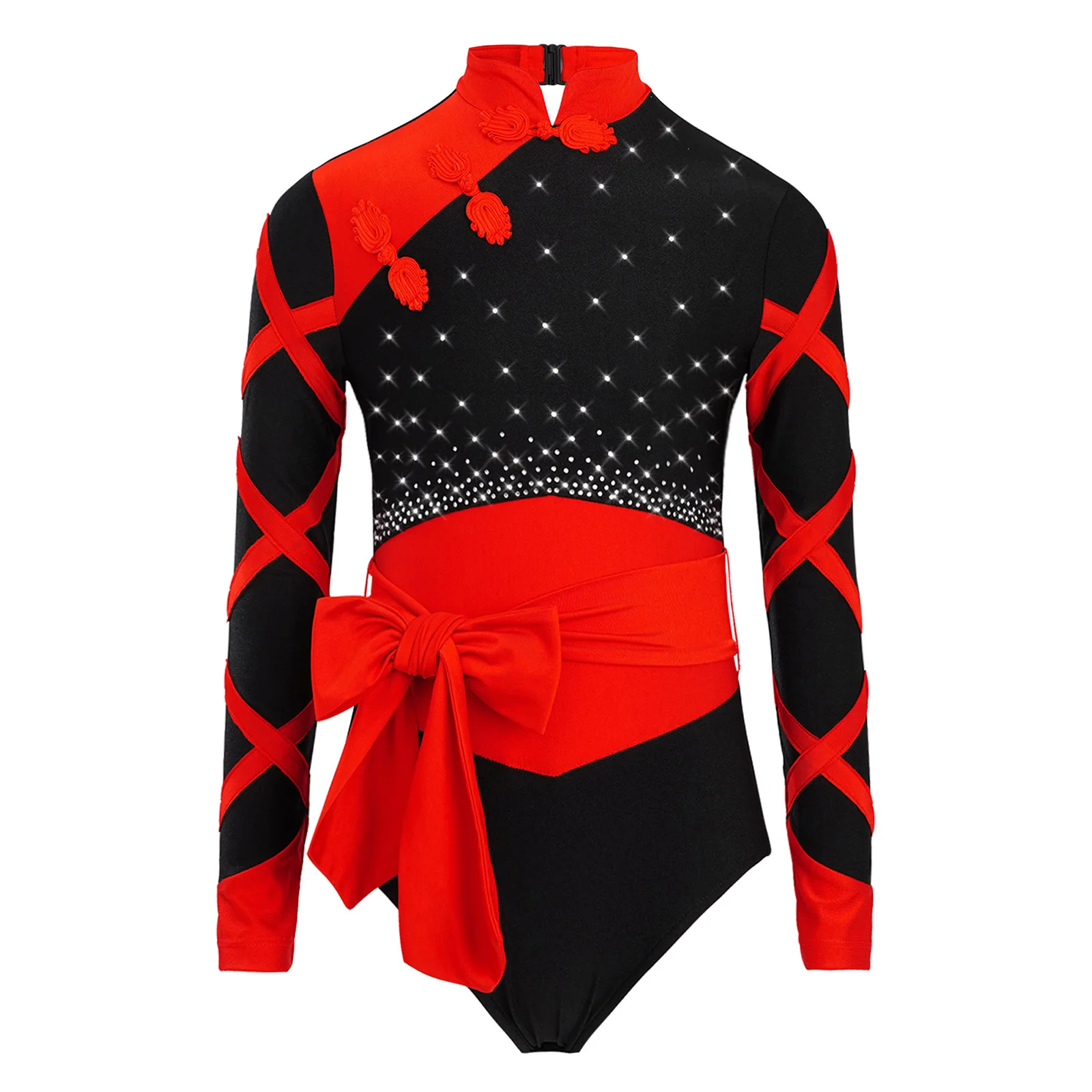 Body per bambina, stile cinese, balletto, ginnastica, danza, nodo, bottoni, colletto alla coreana, body con cintura, manica lunga, abbigliamento da ballo