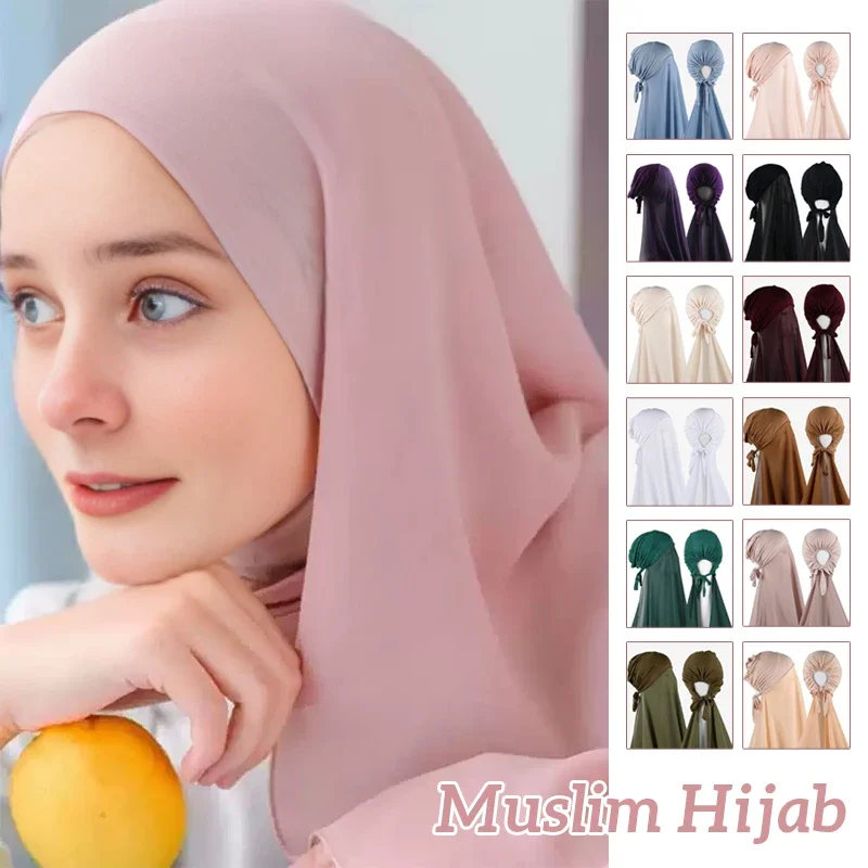 

Fashion Chiffon Instant Scarf With Adjustable Inner Caps Set For Woman Muslim Scarf Hijab Lady Headband Wrap Easy To Wear Shawl