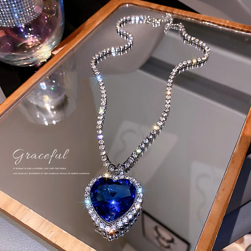 Blue Crystal Big Heart Pendant Necklace for Women Full Rhinestone Chain Collar Titanic Heart Ocean Love Forever Fashion Jewelry