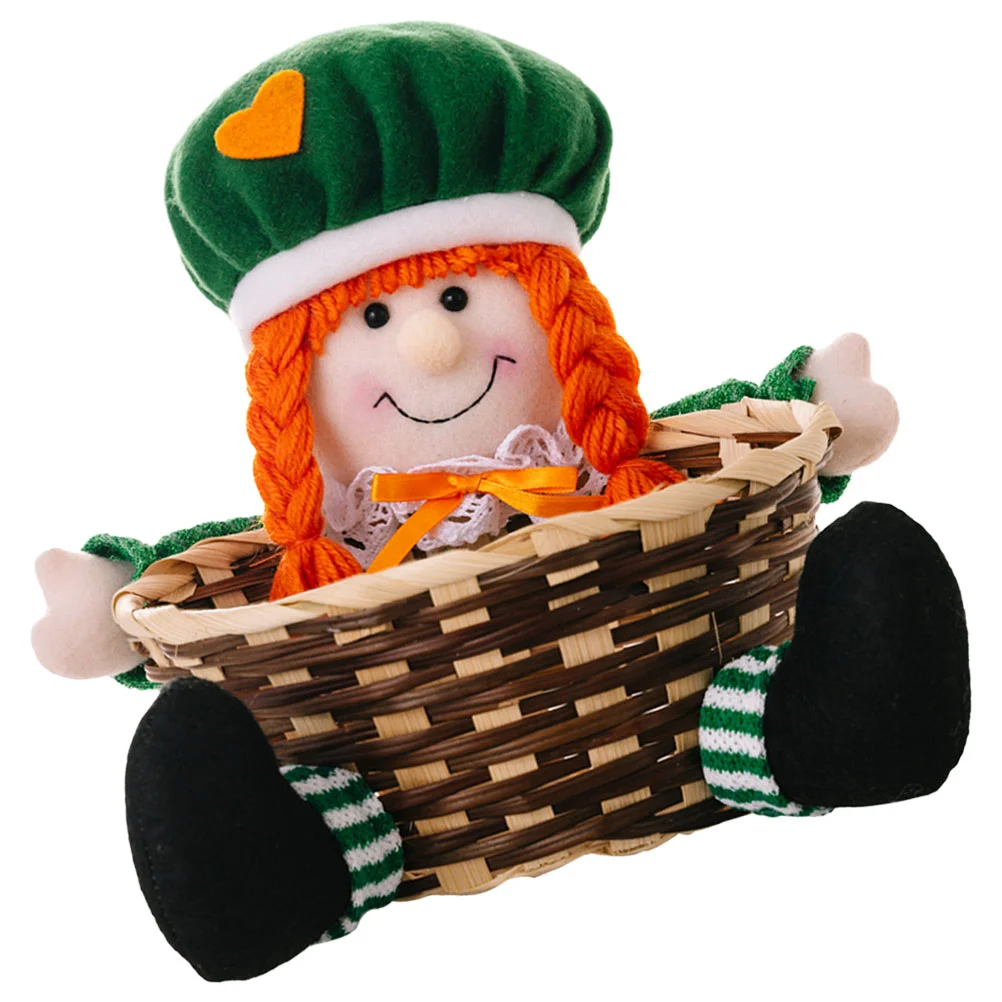 

Green Leaf Festival Storage Basket Candy Holder St Patrick's Party Favor Round Cloth Snack