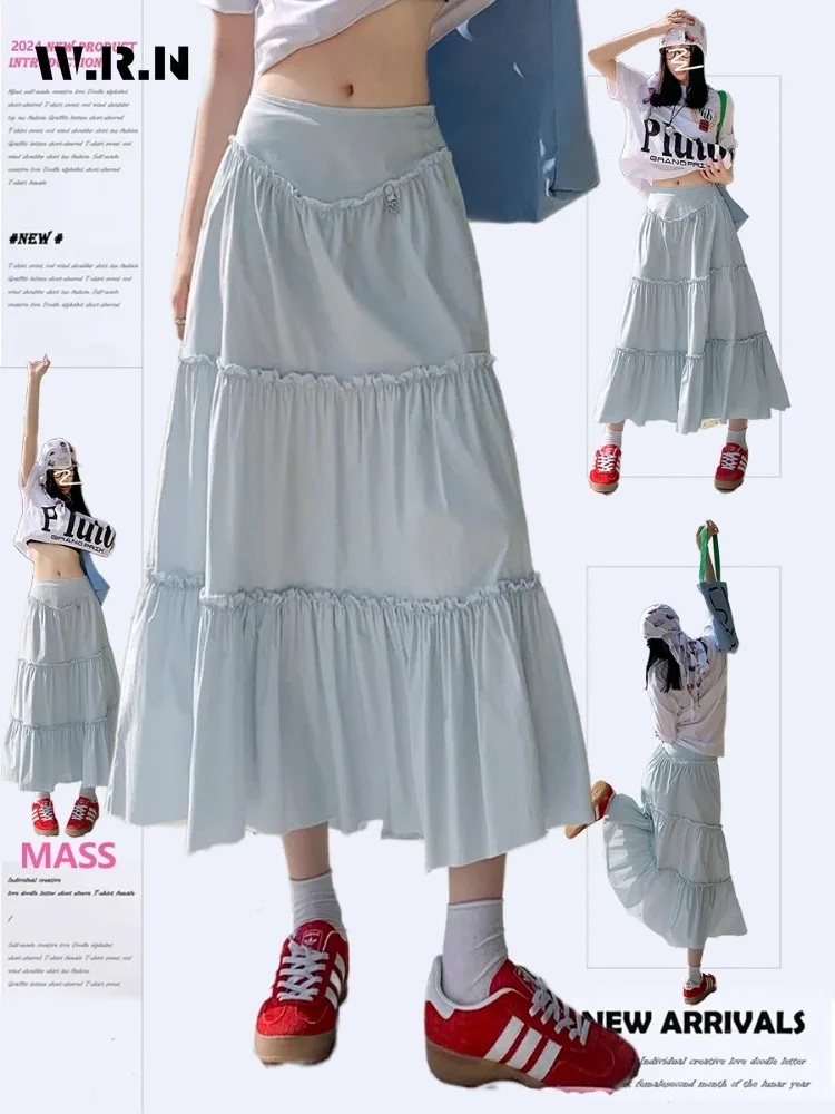 

2024 Summer Fairycore Solid Color Mid Long Skirts Women's Elegant Chiffon High Waist Loose Skirt Korean Sweet Style Soft Skirt
