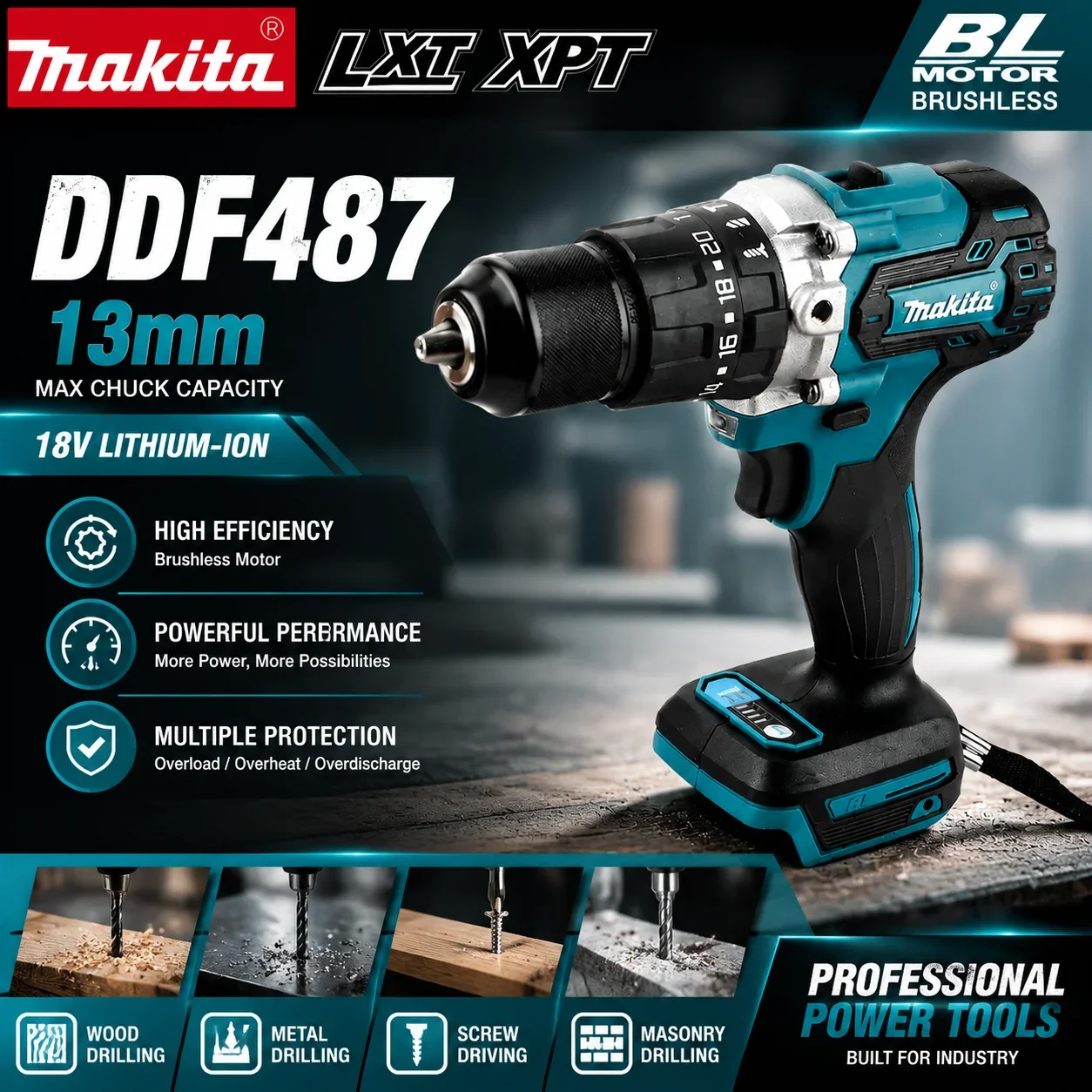 Trapano elettrico senza spazzole Makita 18V DDF487, ideale per trapano a percussione a cinque funzioni, adatto all'uso da parte di squadre di decorazione