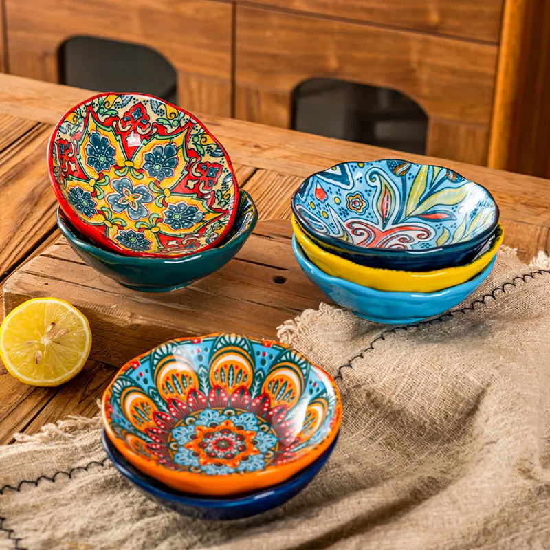 Creative Dinner Plate Household Ceramic Tableware Bohemian Plate Light Luxury Retro Soy Sauce Dish Dessert Bread Snack Dishes