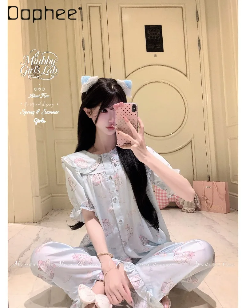 Original Sweet Cute Soft Girl Cartoon Printed Ice Silk Doll Shirt Pajamas Short Sleeves Trousers Two-piece Women's Loungewear
