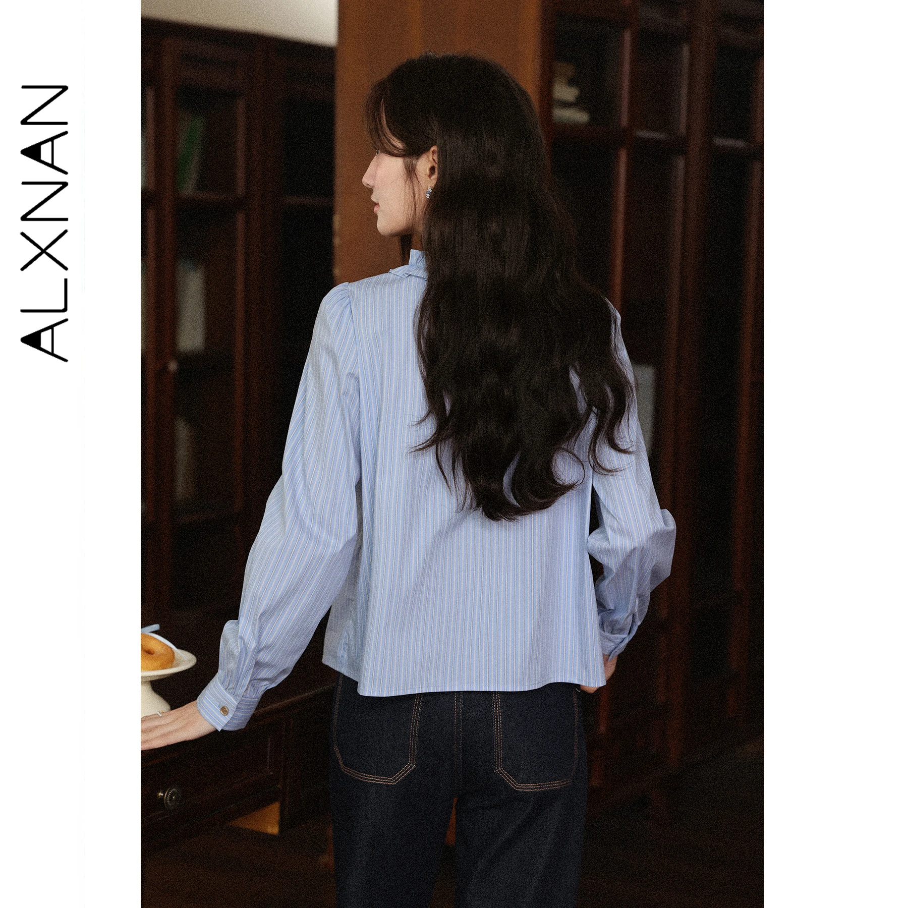 ALXNAN Blue Striped Shirt Lace Collar Long Sleeve Cotton Women's Shirts 2025 Autumn Casual Office Lady Fashion Top Ladies L57037