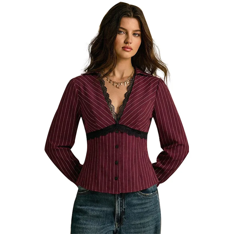 Camicetta da Donna Nuova a Righe, Slim Fit, con Pizzo, Maniche Lunghe, Scollo a V, Elegante, Comoda, Casual, Snellente e Versatile