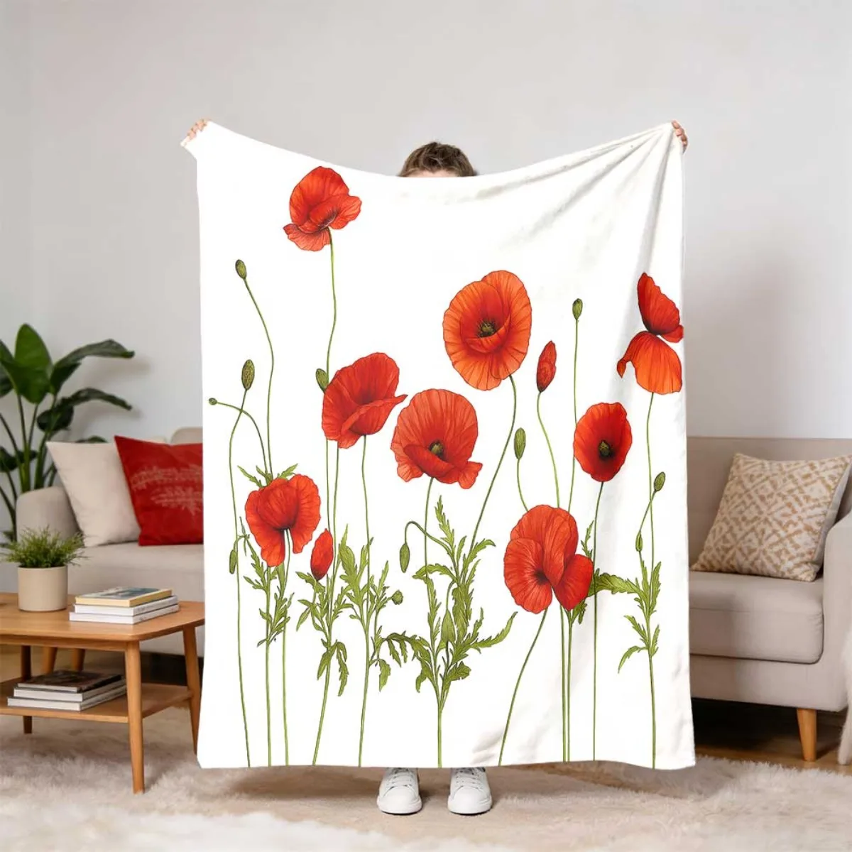 Red Poppy Flower Flannel Throw Blanket, Watercolor Bright Red Poppies Print Soft Warm Blanket for Sofa Bedroom Home Decor
