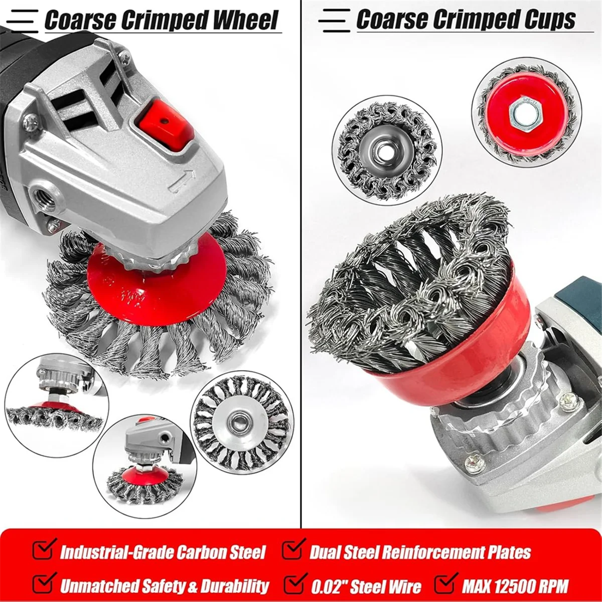 SSR 8 pezzi 4-1/2 pollici set di ruote metalliche per smerigliatrice angolare-4 pollici e 3 pollici spazzole a tazza ondulata grossolana annodate con albero filettato 5/8-11 per ruggine