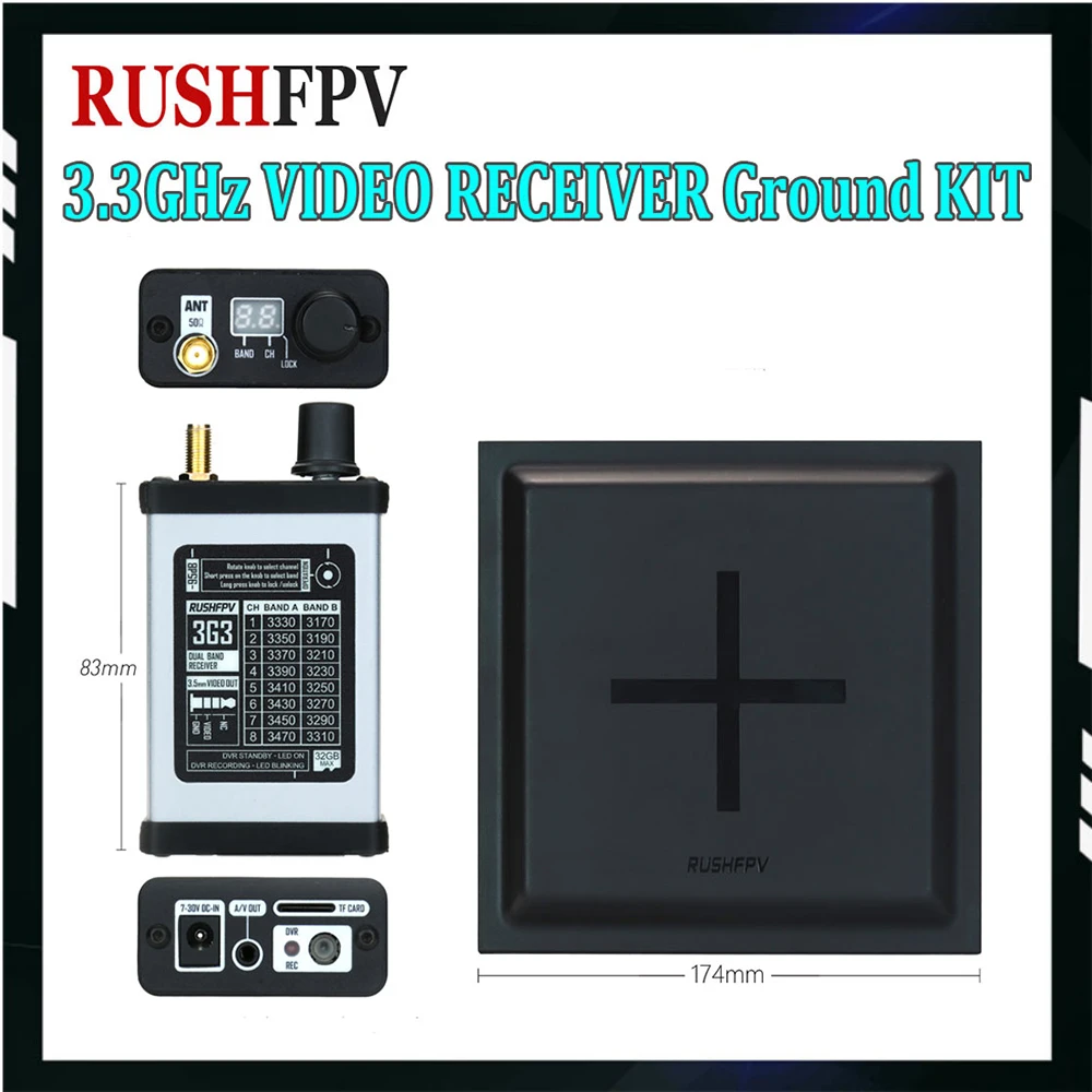 RUSHFPV 3.3GHz VIDEO RECEIVER Ground KIT 3.3GHz VRX Module with 15.8 dBi Directional Antenna for RC FPV Long Range Drone